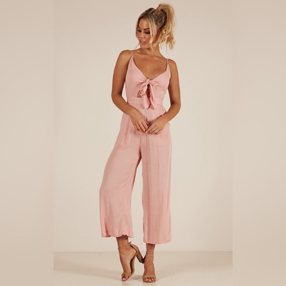 Showpo. Renewed Cut Out Tie Front Linen Look Jumpsuit in Pink Linen Look - Picture 1 of 12